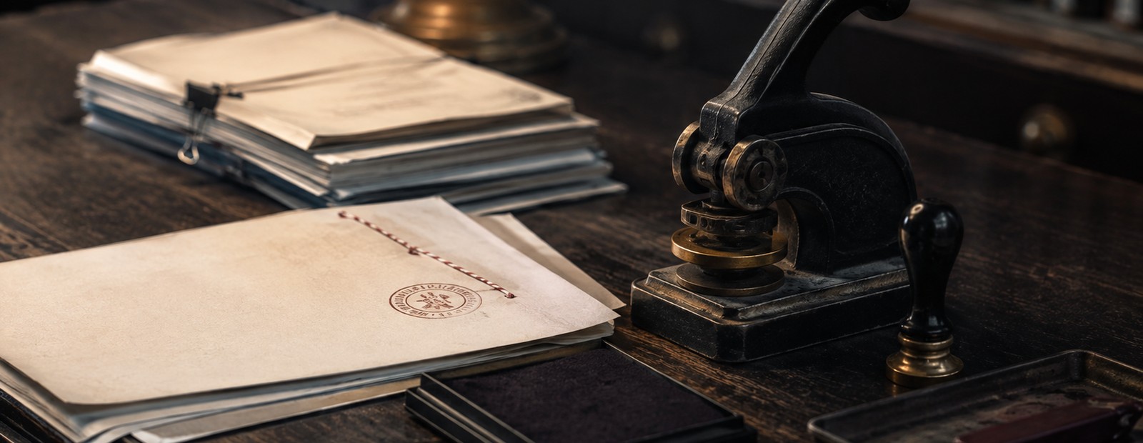 A notary's desk with a seal press, ink pad and stacked documents